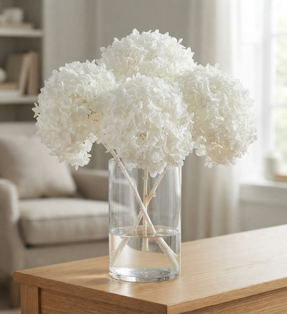 Dried flower decor: preserved hydrangea arrangement styled in a vase